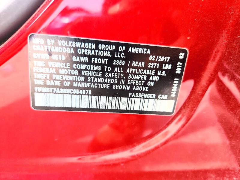 50090876 :رقم المزاد ، 1VWBT7A36HC054878 vin ، 2017 Volkswagen Passat مزاد بيع