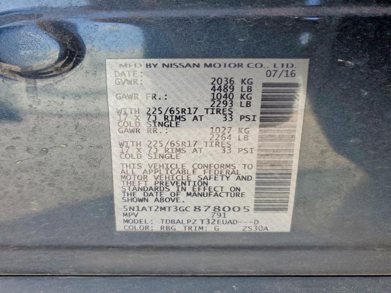 49837996 :رقم المزاد ، 5N1AT2MT3GC878005 vin ، 2016 Nissan Rogue مزاد بيع