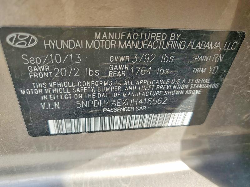 48009976 :رقم المزاد ، 5NPDH4AEXDH416562 vin ، 2013 Hyundai Elantra مزاد بيع