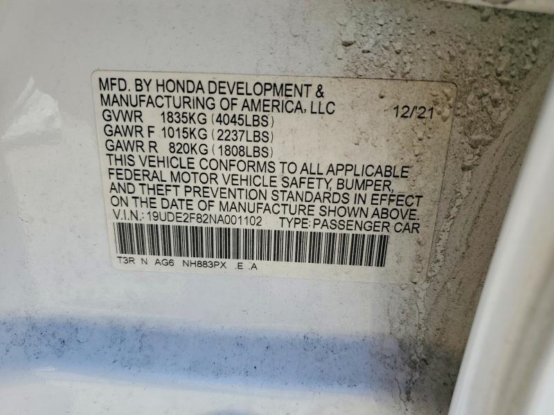 Auction sale of the 2022 Acura Ilx, vin: 19UDE2F82NA001102, lot number: 50954176
