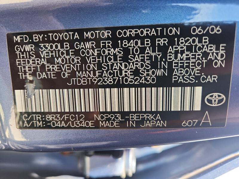 Продаж на аукціоні авто 2007 Toyota Yaris, vin: JTDBT923871052430, номер лоту: 50810316