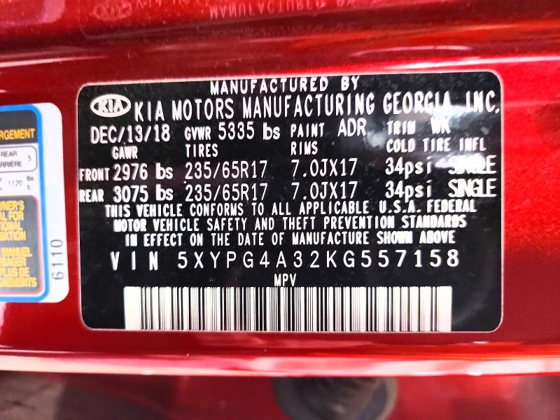 49731406 :رقم المزاد ، 5XYPG4A32KG557158 vin ، 2019 Kia Sorento مزاد بيع