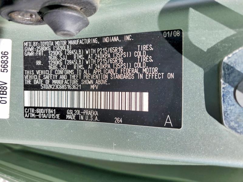 Auction sale of the 2008 Toyota Sienna, vin: 5TDZK23C68S163621, lot number: 49369356