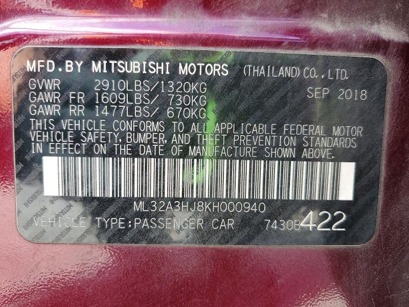 Aukcja sprzedaży 2019 Mitsubishi Mirage, vin: ML32A3HJ8KH000940, numer aukcji: 49163706
