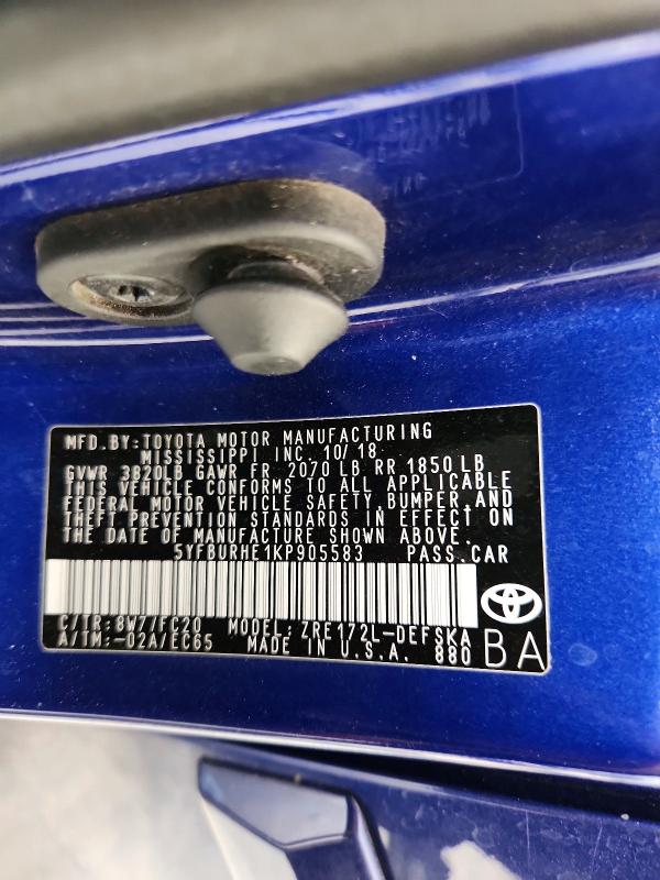 50300256 :رقم المزاد ، 5YFBURHE1KP905583 vin ، 2019 Toyota Corolla مزاد بيع