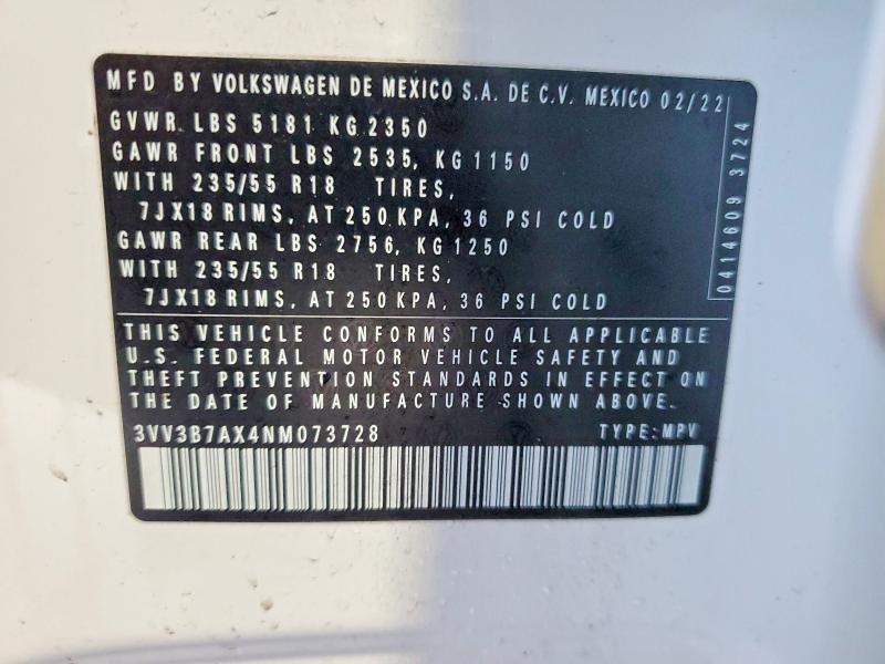 Aukcja sprzedaży 2022 Volkswagen Tiguan, vin: 3VV3B7AX4NM073728, numer aukcji: 47623436