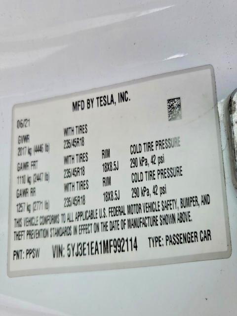 Aukcja sprzedaży 2021 Tesla Model 3, vin: 5YJ3E1EA1MF992114, numer aukcji: 51592256