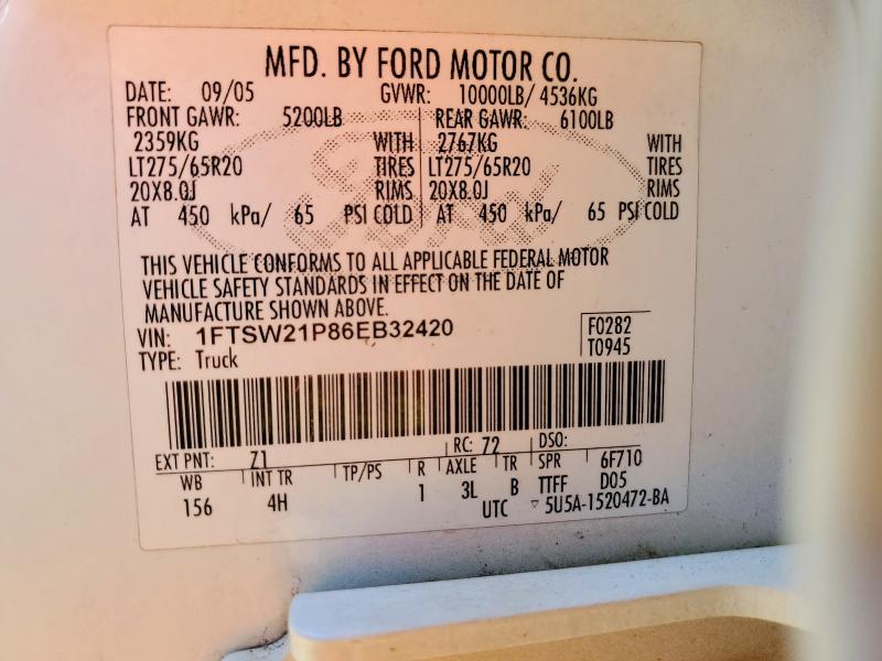 2006 Ford F250 მანქანა იყიდება აუქციონზე, vin: 1FTSW21P86EB32420, აუქციონის ნომერი: 49246726