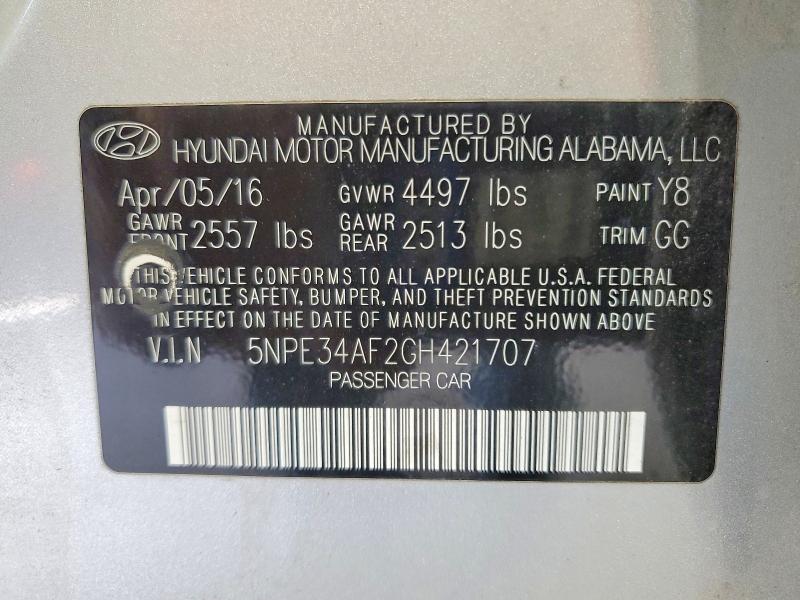 51416396 :رقم المزاد ، 5NPE34AF2GH421707 vin ، 2016 Hyundai Sonata مزاد بيع