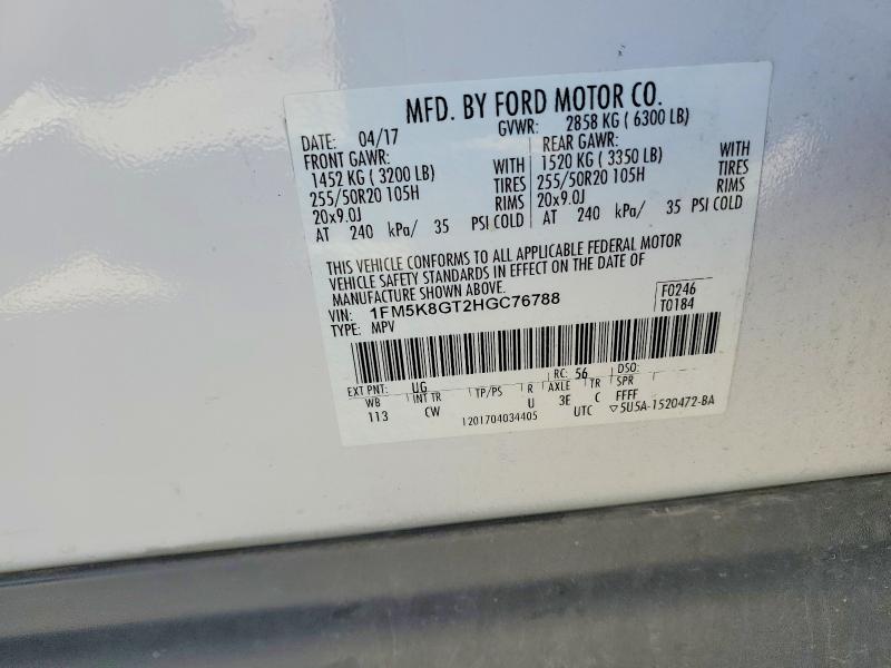 51040206 :رقم المزاد ، 1FM5K8GT2HGC76788 vin ، 2017 Ford Explorer مزاد بيع