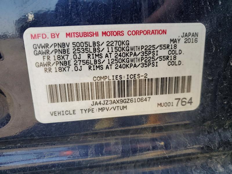 2016 Mitsubishi Outlander მანქანა იყიდება აუქციონზე, vin: JA4JZ3AX9GZ610647, აუქციონის ნომერი: 50472596