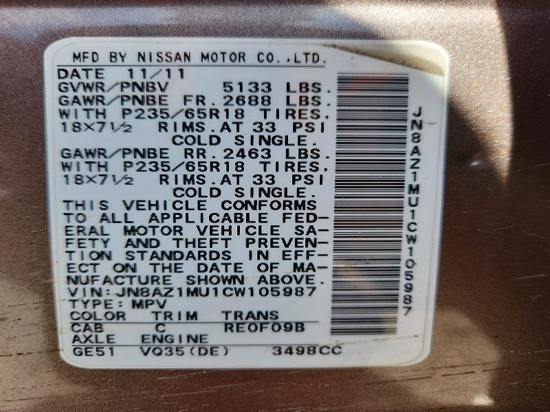 Продаж на аукціоні авто 2012 Nissan Murano, vin: JN8AZ1MU1CW105987, номер лоту: 50603926