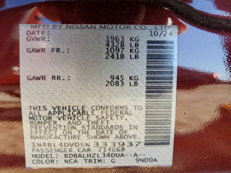 Продаж на аукціоні авто 2025 Nissan Altima, vin: 1N4BL4DV0SN333937, номер лоту: 49508256