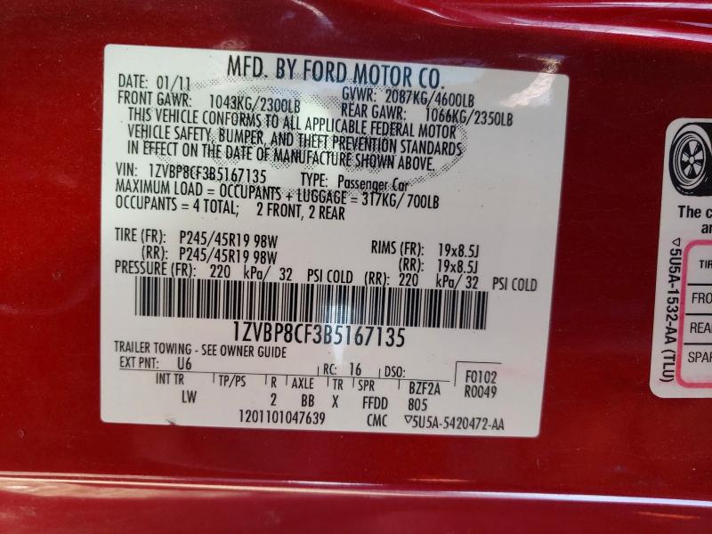 2011 Ford Mustang მანქანა იყიდება აუქციონზე, vin: 1ZVBP8CF3B5167135, აუქციონის ნომერი: 48573796