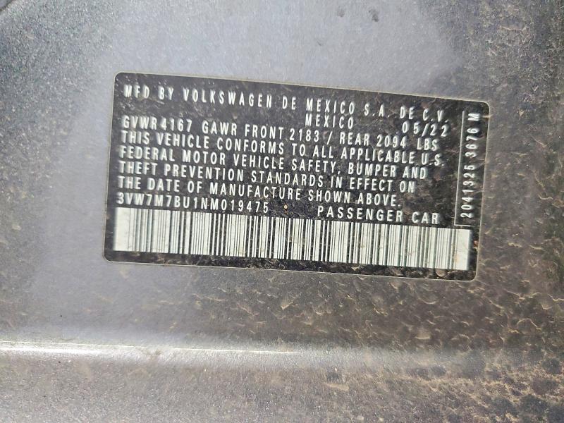 2022 Volkswagen Jetta მანქანა იყიდება აუქციონზე, vin: 3VW7M7BU1NM019475, აუქციონის ნომერი: 50397316