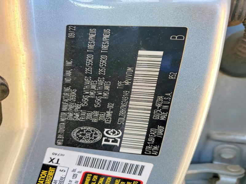 2022 Toyota Highlander მანქანა იყიდება აუქციონზე, vin: 5TDLZRBH7NS249149, აუქციონის ნომერი: 50722236
