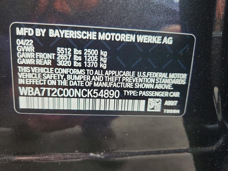 Aukcja sprzedaży 2022 Bmw 740, vin: WBA7T2C00NCK54890, numer aukcji: 48526596