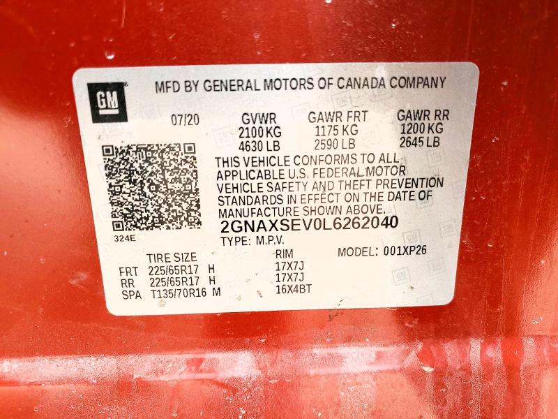 2020 Chevrolet Equinox მანქანა იყიდება აუქციონზე, vin: 2GNAXSEV0L6262040, აუქციონის ნომერი: 50577376