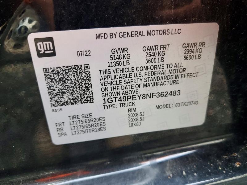 48406226 :رقم المزاد ، 1GT49PEY8NF362483 vin ، 2022 Gmc Sierra مزاد بيع