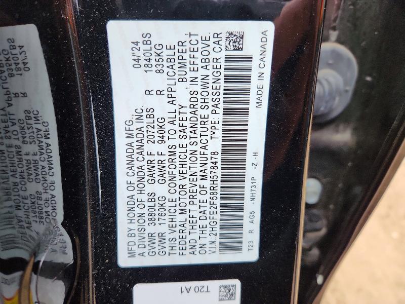 Aukcja sprzedaży 2024 Honda Civic, vin: 2HGFE2F58RH578478, numer aukcji: 48061086