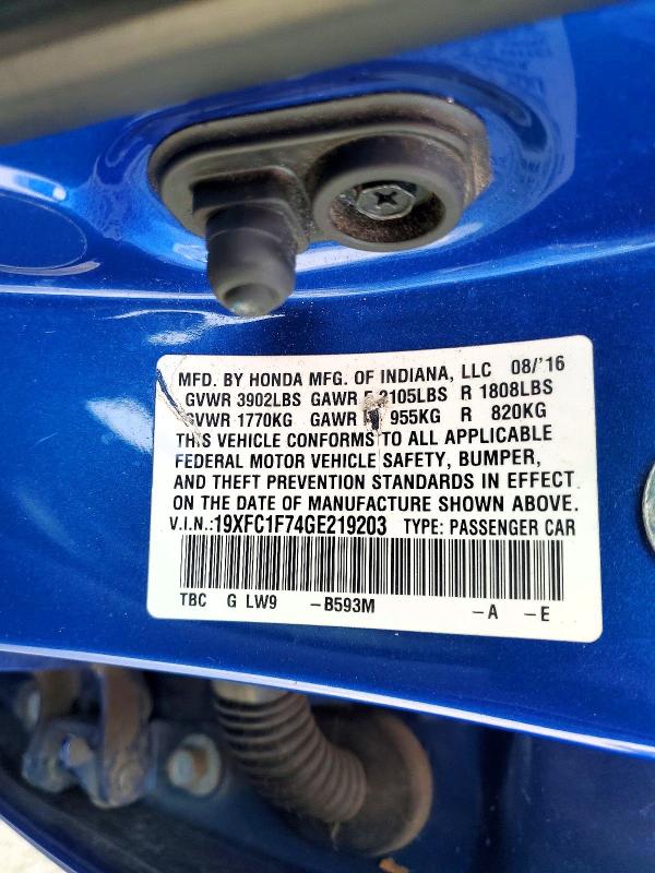 Aukcja sprzedaży 2016 Honda Civic, vin: 19XFC1F74GE219203, numer aukcji: 50308996