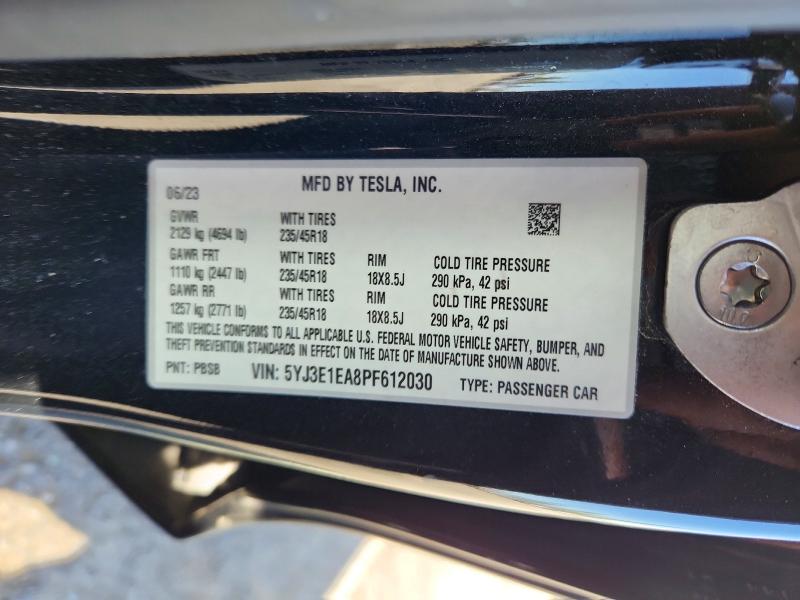 Aukcja sprzedaży 2023 Tesla Model 3, vin: 5YJ3E1EA8PF612030, numer aukcji: 51101406