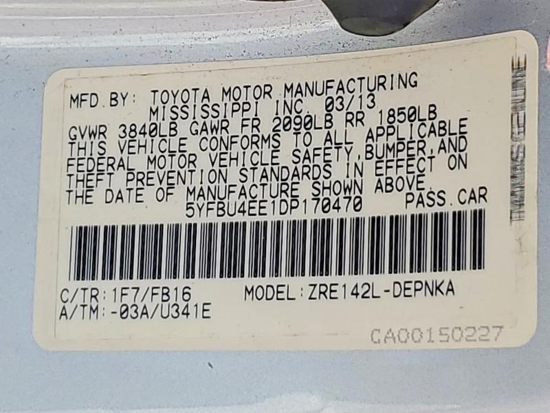2013 Toyota Corolla მანქანა იყიდება აუქციონზე, vin: 5YFBU4EE1DP170470, აუქციონის ნომერი: 50496296