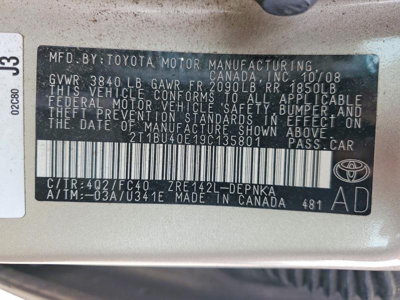 Aukcja sprzedaży 2009 Toyota Corolla Xle 4d Sedan, vin: 2T1BU40E19C135801, numer aukcji: 51437456