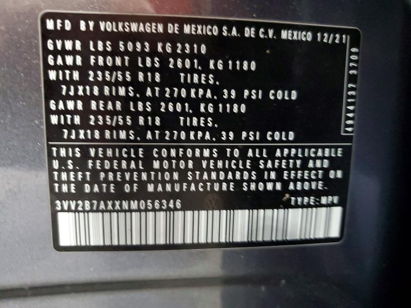 2022 Volkswagen Tiguan მანქანა იყიდება აუქციონზე, vin: 3VV2B7AXXNM056346, აუქციონის ნომერი: 50332466