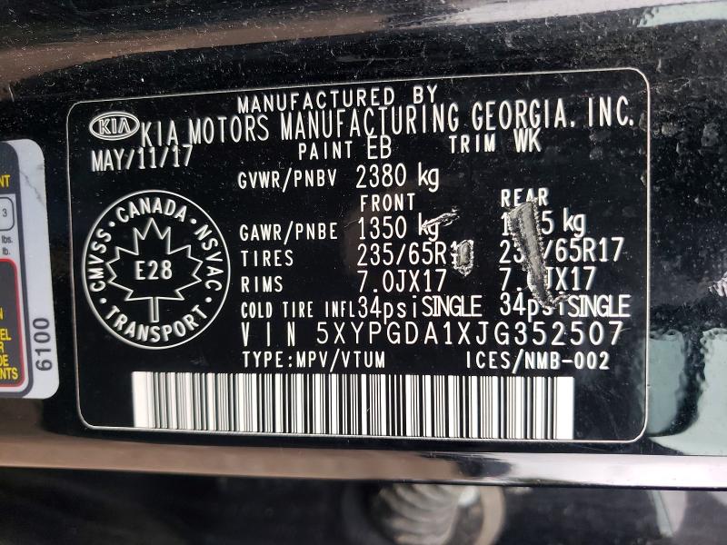 49932506 :رقم المزاد ، 5XYPGDA1XJG352507 vin ، 2018 Kia Sorento مزاد بيع