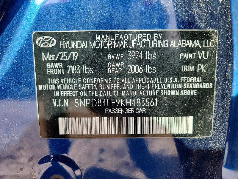48355096 :رقم المزاد ، 5NPD84LF9KH483561 vin ، 2019 Hyundai Elantra مزاد بيع