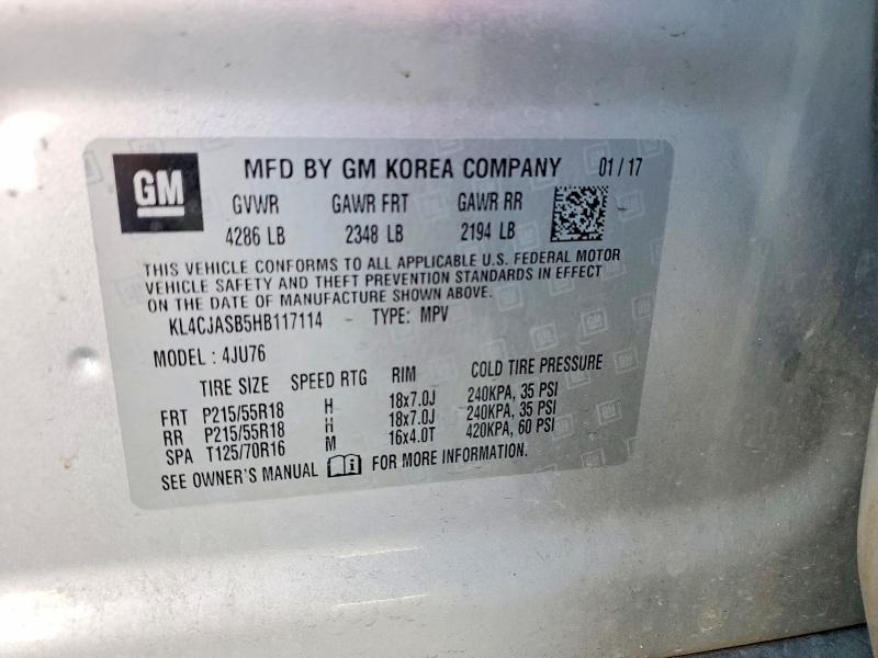 2017 Buick Encore მანქანა იყიდება აუქციონზე, vin: KL4CJASB5HB117114, აუქციონის ნომერი: 51543096