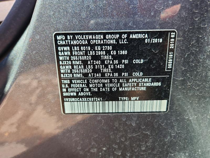 Aukcja sprzedaży 2019 Volkswagen Atlas, vin: 1V2UR2CAXKC537241, numer aukcji: 48630426