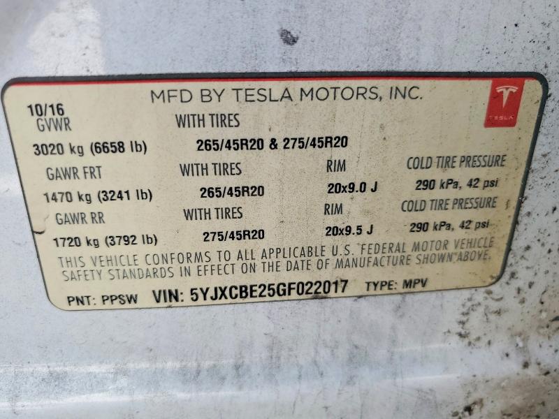 50401626 :رقم المزاد ، 5YJXCBE25GF022017 vin ، 2016 Tesla Model X مزاد بيع
