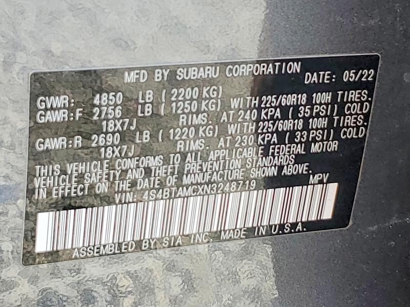 Aukcja sprzedaży 2022 Subaru Outback, vin: 4S4BTAMCXN3248719, numer aukcji: 49666846