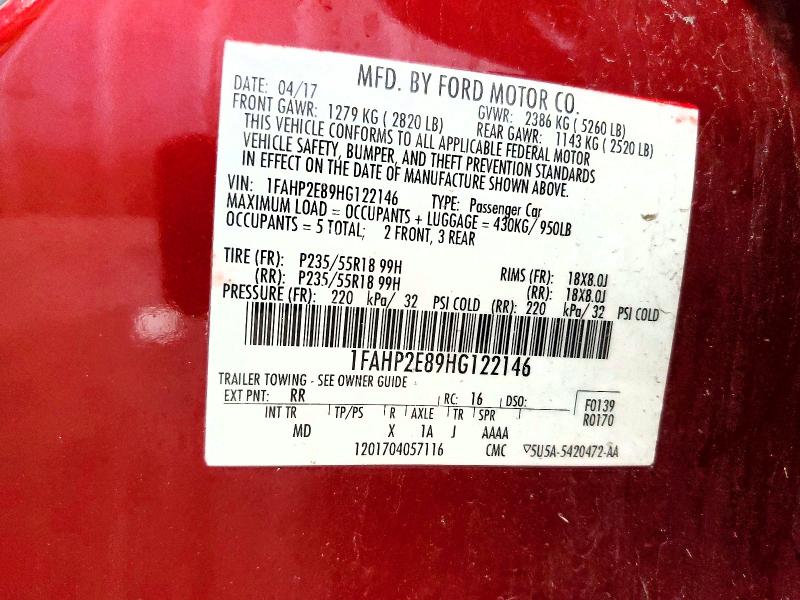 2017 Ford Taurus მანქანა იყიდება აუქციონზე, vin: 1FAHP2E89HG122146, აუქციონის ნომერი: 50612196