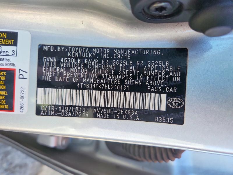 48525226 :رقم المزاد ، 4T1BD1FK7HU210431 vin ، 2017 Toyota Camry Hybrid مزاد بيع