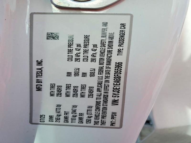 Продаж на аукціоні авто 2025 Tesla Model 3, vin: 5YJ3E1EA6SF055966, номер лоту: 49953406