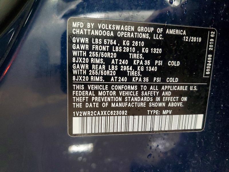 Aukcja sprzedaży 2019 Volkswagen Atlas, vin: 1V2WR2CAXKC623092, numer aukcji: 51795916