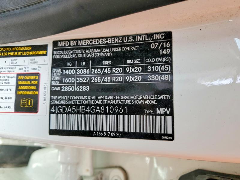 50779246 :رقم المزاد ، 4JGDA5HB4GA810961 vin ، 2016 Mercedes-benz Gle مزاد بيع