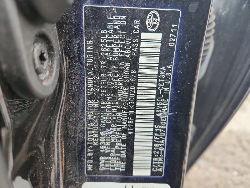 2012 Toyota Camry მანქანა იყიდება აუქციონზე, vin: 4T1BF1FK3CU201678, აუქციონის ნომერი: 51603946