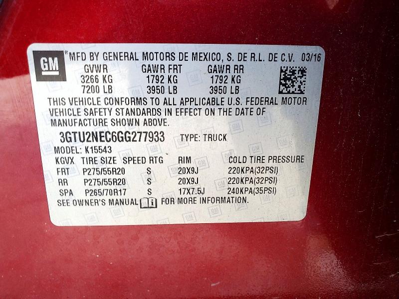2016 Gmc Sierra მანქანა იყიდება აუქციონზე, vin: 3GTU2NEC6GG277933, აუქციონის ნომერი: 50810726