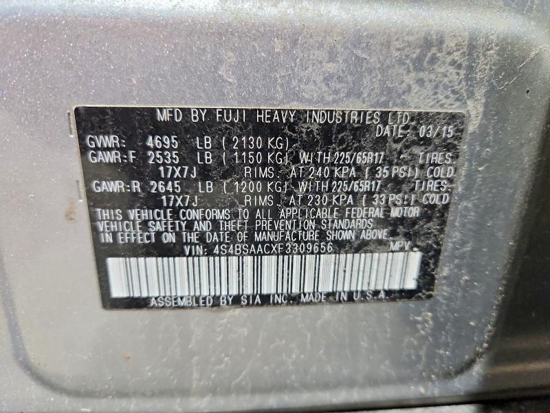 2015 Subaru Outback მანქანა იყიდება აუქციონზე, vin: 4S4BSAACXF3309656, აუქციონის ნომერი: 50693566