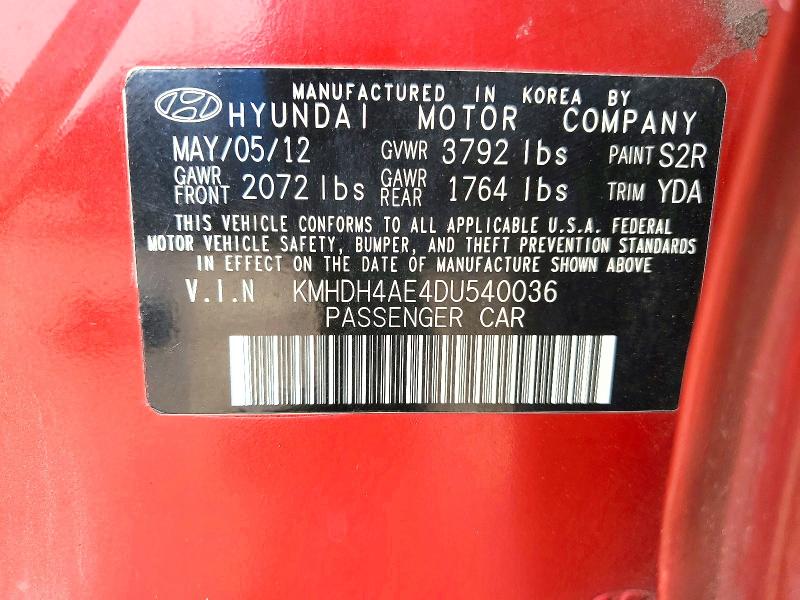Продаж на аукціоні авто 2013 Hyundai Elantra, vin: KMHDH4AE4DU540036, номер лоту: 50216966