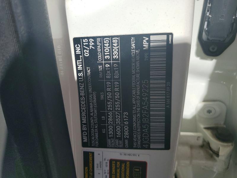 50218746 :رقم المزاد ، 4JGDA5JB2FA549225 vin ، 2015 Mercedes-benz Ml مزاد بيع