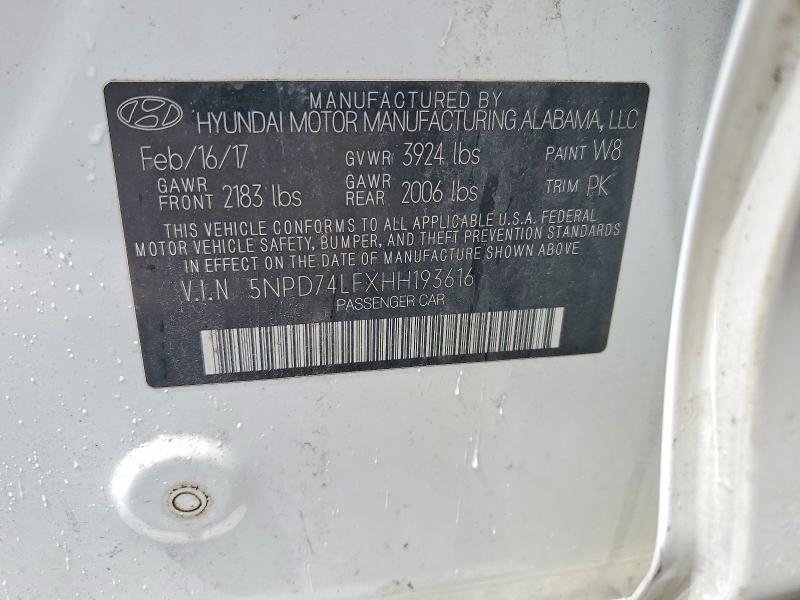 51951786 :رقم المزاد ، 5NPD74LFXHH193616 vin ، 2017 Hyundai Elantra مزاد بيع
