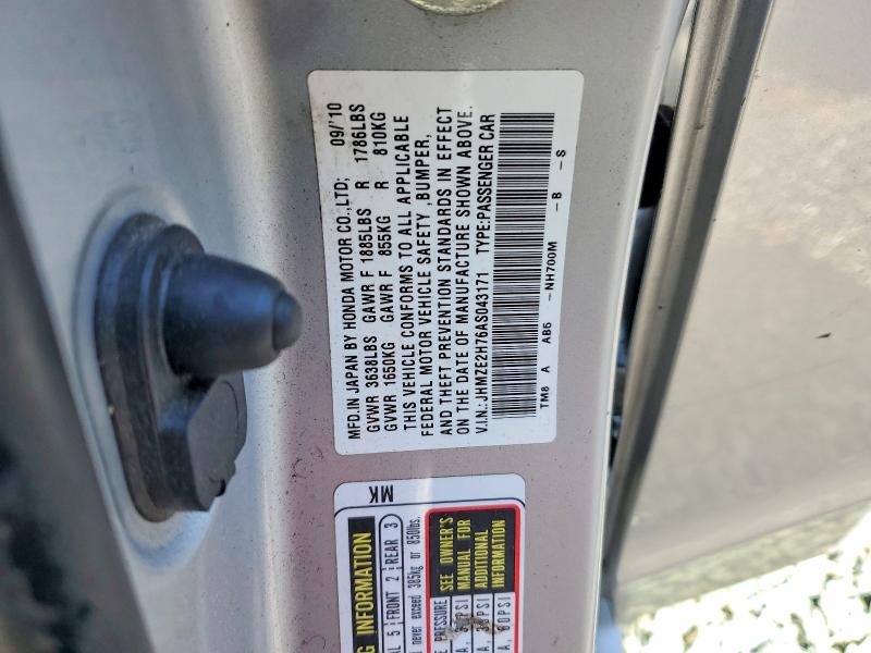 2010 Honda Insight მანქანა იყიდება აუქციონზე, vin: JHMZE2H76AS043171, აუქციონის ნომერი: 51517856