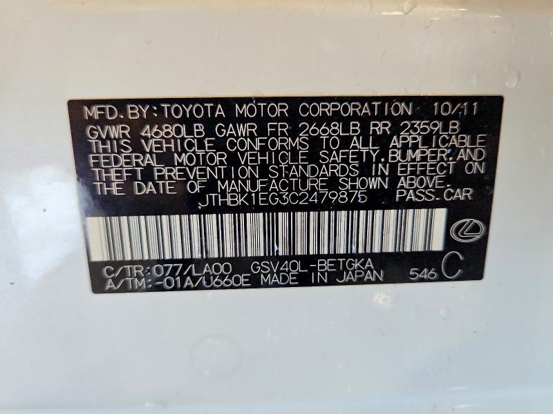 49922296 :رقم المزاد ، JTHBK1EG3C2479875 vin ، 2012 Lexus Es مزاد بيع