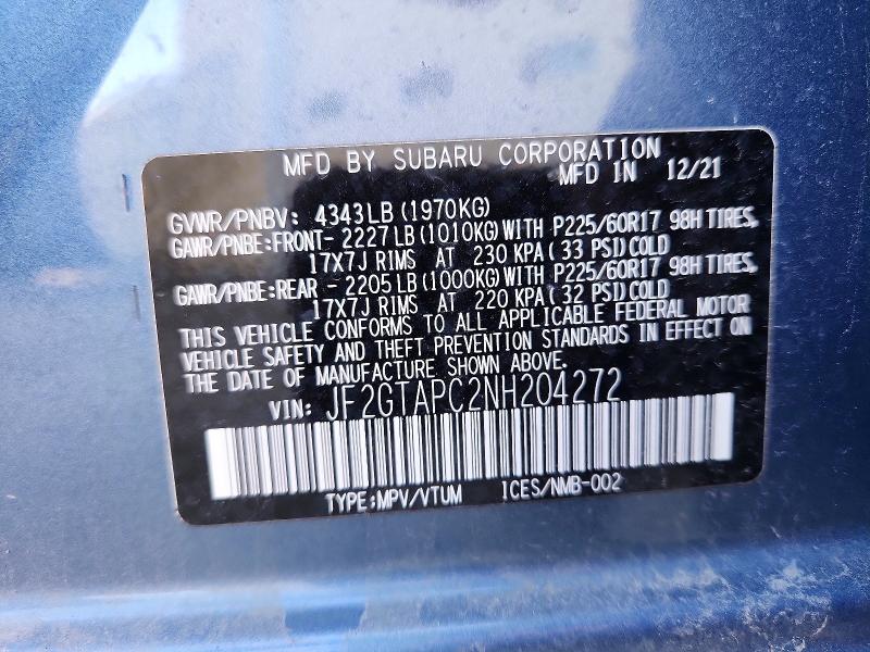 2022 Subaru Crosstrek მანქანა იყიდება აუქციონზე, vin: JF2GTAPC2NH204272, აუქციონის ნომერი: 51394366