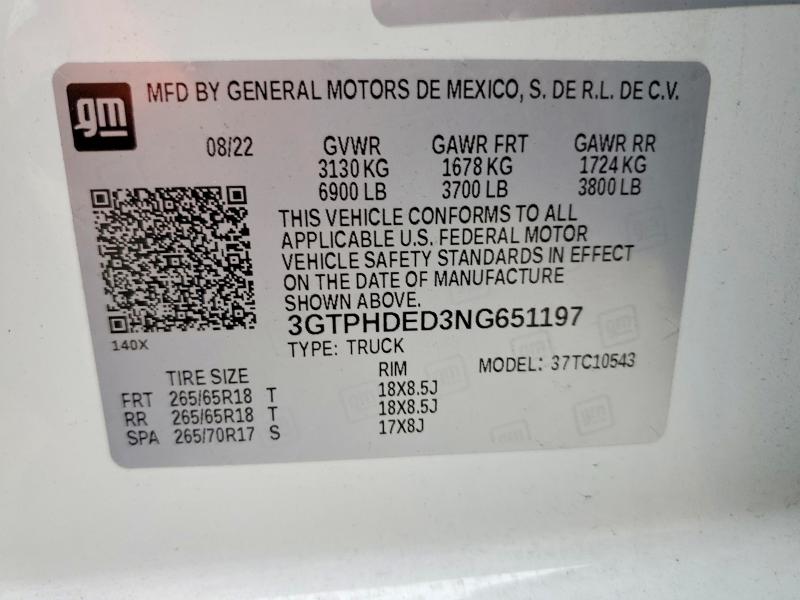 49119086 :رقم المزاد ، 3GTPHDED3NG651197 vin ، 2022 Gmc Sierra مزاد بيع